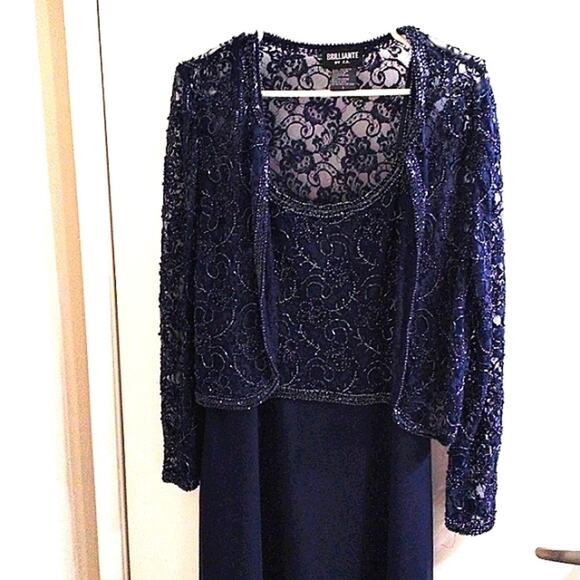2pc Brilliante Gown & Jacket Sz L Navy Blue Lace Sequins Beaded Mother Wedding - Picture 10 of 16